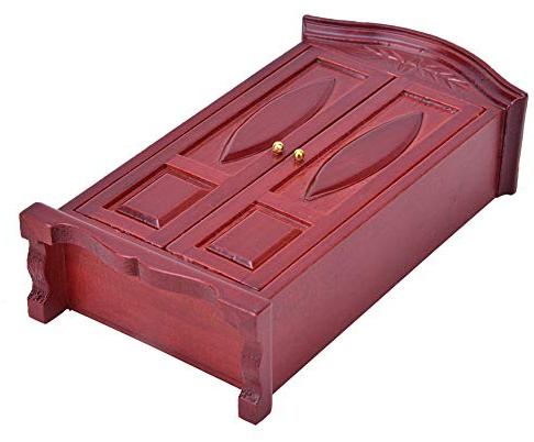 XUXHOU Miniatur Holz Kleiderschrank 1:12, Vintage Doppeltür Schrank mit Imitation Möbel für Puppenhaus (Weinrot 16,34 x 6,69 x 0,39 Zoll)
