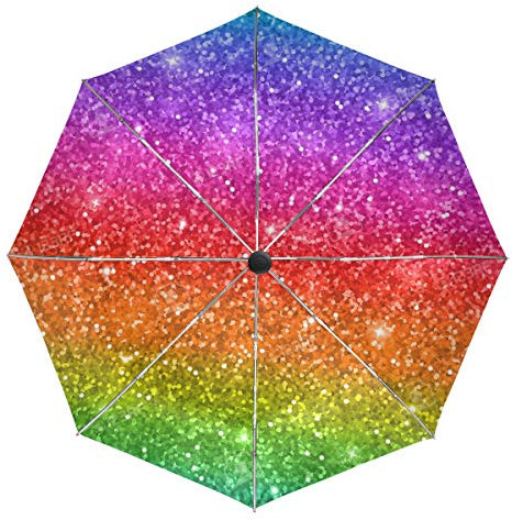 Wamika Colorful Glitter (Not Real) Automatic Umbrella Rainbow Galaxy Windproof Waterproof UV Protection Travel Umbrella - 3 Folds Auto Open/Close Button Sun&Rain Car Umbrella