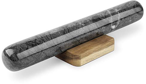 Flexzion Rouleau à pâtisserie en marbre noir de 27,9 cm avec support en bois, rouleau à pâtisserie en marbre pour pâtisserie, pizza, pâte à pizza, fondant, biscuits, croûte, pâtes, boulangerie