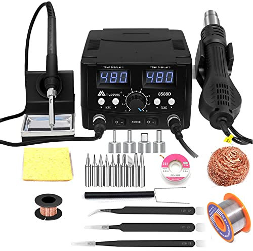 MYPOUOS 2 IN 1 750W LED Digital Soldering Station Hot Air Gun Rework Station Electric Soldering Iron For Phone PCB IC SMD BGA Welding SET 110V (8588D SET1)