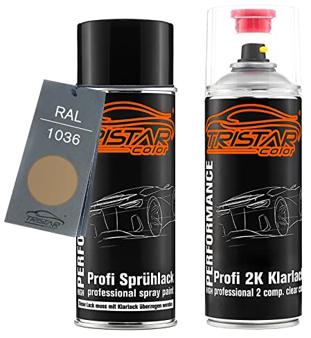 TRISTARcolor 2K Spraydosen Set RAL 1036 Perlgold Perl matt Basislack 2 Komponenten Klarlack Sprühdose Spritzlack Sprühlack