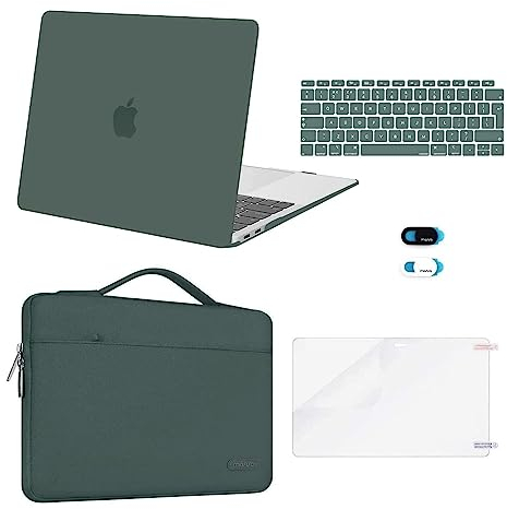 MOSISO Coque Compatible avec MacBook Air 13 Pouces 2022-2018 A2337 M1 A2179 A1932 Retina,Étui Rigide Plastique Case&Sac de Transport&Housse Clavier&Protecteur D'écran&Couverture Webcam,Vert Minuit