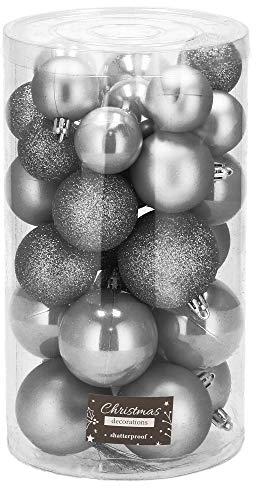 SPRINGOS Christbaumkugel|Kunstkugel|30 Stück|Bruchsicher|Weihnachtskugel|Glitzer|Matt|Glanz|Weihnachtsdeko|Weihnachten (Grau)