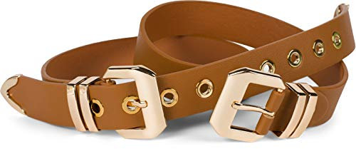 styleBREAKER Damen Gürtel mit doppelter goldener Schnalle und Lochnieten, B-Low Belt, Taillengürtel, kürzbar 03010121, Farbe:Cognac, Größe:95cm