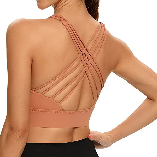 Lemedy Damen-Sport-BH mit gekreuzten Rücken, für Fitness, Yoga, Trägern, langes, bauchfreies Tanktop - Pink - Medium