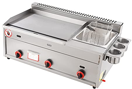Freidora de gas multifuncional + plancha, freidora de gas de 30 l, freidora de papas fritas de pollo de acero inoxidable con cuchara de cesta para restaurante comercial, cocina casera