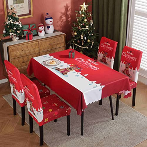 Proumhang Weihnachts Tischdecke,Stuhlhussen-Set,1 Tischdecke und 6 Stuhlhussen,Weihnachts-Esszimmer-Set,dehnbar,abnehmbar,waschbar,ölbeständige,wasserdichte Schonbezüge,Restaurant Dekor,Stil 3
