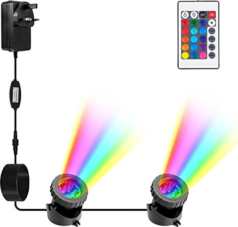 NATPOW Luces de estanque alimentadas por red, RGB subacuático foco luces de acuario con control remoto IP68 impermeable multicolor luces sumergibles para pecera, piscina, estanque (juego de 2)