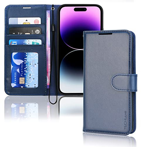 TECHGEAR iPhone 14 Pro Leather Wallet Case, Flip Protective Case Cover with Wallet Card Holder, Stand and Wrist Strap - Blue PU Leather with Magnetic Closure Designed for iPhone 14 Pro 6.1