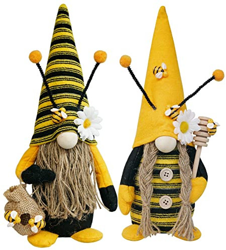 KnomeKo Bumble Bee Gnome Plush,Spring bee Decor, Mr and Mrs Honeybee Gnomes Plush Tomte Elf World Bee Day Decor, Bee gnome Figurine for Rustic Farmhouse Tiered Tray Decor