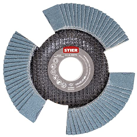 STIER Fächerschleifscheibe View Line 125 x 22,23 K80, für handelsübliche Winkelschleifer, hohe Qualität für die Verarbeitung von Stahl, Fächer-Design für freie Sicht auf das Werkstück
