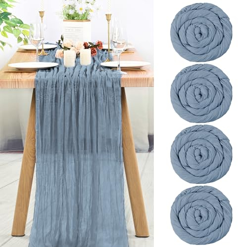 4 Pack staubige Blaue Käsetuch Tischläufer halbdurchsichtige Tischläufer Gaze Tischtuch 10Ft rustikale Dekorationen für Küche Hochzeit Urlaub Party Supplies(staubig blau, 300cm)