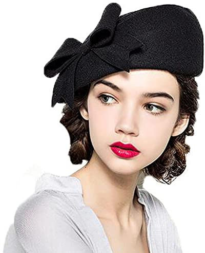 Perle Strass Dekoration Barett Hut für Frauen Vintage Wollfilz Fascinator Winter Fedoras Hochzeit Kirche Hüte, Schwarz 2, Medium