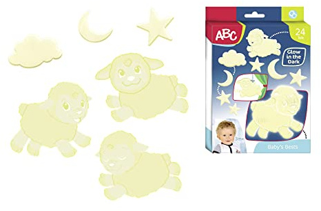 Simba ABC Glow in the Dark Happy Sheeps, 3 extra große Schaf-Formen mit Lithophan, Sterne, Monde und Wolken, 24 Teile, ab 3 Jahre