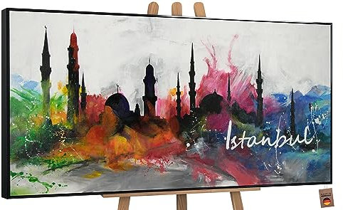 YS-Art Abstrakt Design Acryl Gemälde auf Leinwand Istanbul handgemalt Wandbilder Wohnzimmer modern Wohndekor Bilder Büro farbenfrohe echte Kunst mit Rahmen 140x70 cm