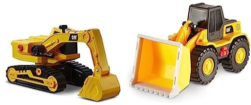 CatToysOfficial Caterpillar Bagger 33 cm mit Licht & Sound, Gelb; Schwarz Caterpillar Radlader 25cm Baufahrzeug mit Licht & Sound, Gelb; Schwarz