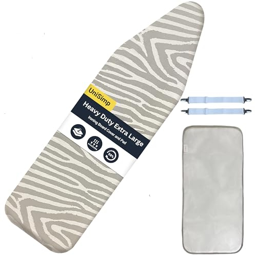 UniSimp® Gepolsterter Bügelbrettbezug bis 137 x 45 cm, 100 % hitzebeständige natürliche Baumwolle, extra dicke Polsterung, Nasentasche Smart Fit, elastischer Rand, maschinenwaschbar (Zebrastreifen)