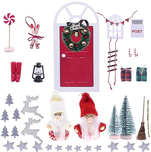 Nabeta Deco Holz Wichteltür Set Weihnachtsdeko Miniatur Puppenhaus Zubehör Weihnachtswichtel Tür Set mit Stern Hirsch Flagge Windmühle Weihnachtsbaum Dekokranz…