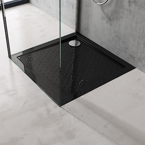 doporro Duschtasse Anti-Rutsch 100x100x4 Ablaufgarnitur Acryl in Schwarz | Flache Duschwanne für bodenebene Montage mit DIN-Anschlüssen – stabil & sicher für moderne Duschen Lucia1AR+AL01
