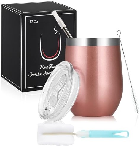 Joymaking Vaso de vino de acero inoxidable, sin tallo con tapa, taza de viaje irrompible de doble pared para leche, café, vino, cerveza, champán, cócteles, oro rosa