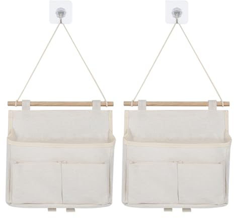 FAMCUCHE 2 Stück Weiß Hängeorganizer, Wasserdicht Türorganizer Hängeorganizer mit 2 Taschen, Wood Hanging Loop Desigh Hängeorganizer Camping mit 2-Haken, Kombinierbar Hängeorganizer Bad
