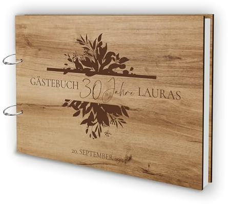 Holz Gästebuch Runder Geburtstag Echtholz mit individueller Lasergravur | 50 Blätter (100 Seiten) | DIN A4 | 50 Jahre - EIN halbes Jahrhundert (60 Jahre, Eiche Natural)