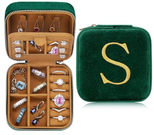 TINGN Personalisierte Schmuckkästchen mit Initiale S, Kleine Reise-Schmuckkästchen, Spiegel für Damen und Mädchen, Geschenk für Geburtstage und Weihnachten, Muttertag und Hochzeit