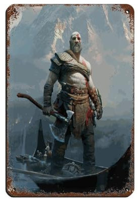 PIPIZA Game God of War Kratos Poster (8) Retro Metall Blechschild Chic Art Retro Eisen Malerei Bar Menschen Höhle Cafe Familie Garage Poster Wanddekoration 20 x 30 cm