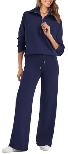 Glamaker Womens 2 Piece Outfits Sweatsuit Set Oversized Half Zip Sweatshirt Wide Leg Sweatpants Lounge Set Tracksuit, Navy Blue, Large