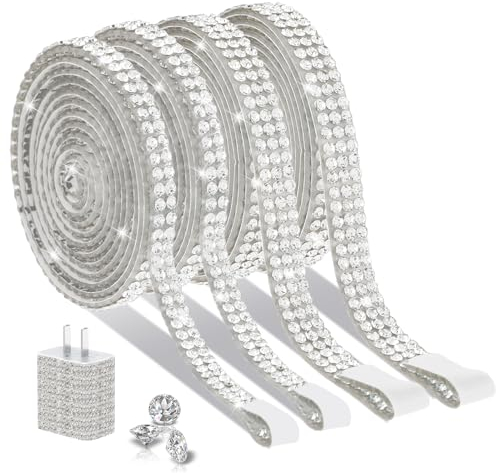 Teaaha 4 Rollen Strassband Selbstklebend Kristall Strasssteine Glitzerband Mit 2 Mm Strass Streifen Für Hochzeit Geburtstag Party Kunsthandwerk DIY Auto Telefon Dekoration (Silber, 2 Typ)