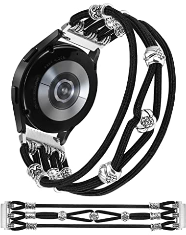 Wearlizer Perlen Armband Kompatibel mit Samsung Galaxy Watch 6/7/4/5/Active 2 40mm 44m,Galaxy Watch 3 41mm Damen, 20mm geflochtenes Nylon elastisch Boho Solo Loop-Armband, Schwarz,S