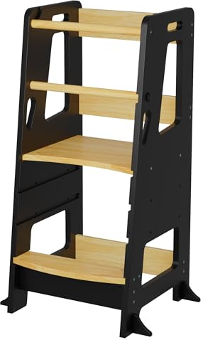 BEY & CO® Lernturm/Entdeckerturm aus Holz – Küchenhelfer für Kinder – 3-fach höhenverstellbar, mit rutschfester Oberfläche und kippsicheren Füßen - Montessori-Methode - Ab 12 Monaten (Schwarz)