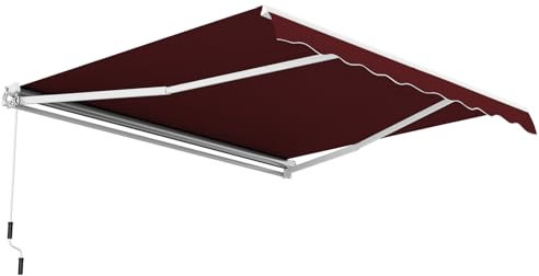 TANGZON 3.6 x 3 m Retractable Manual Awning, Aluminum Sun Shade Shelter with Crank Handle, Anti-UV Outdoor Telescopic Canopy for Patio Balcony Cafe (Wine)