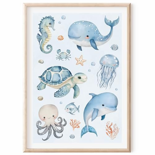 MeinBaby123® Unterwasserwelt Bilder Kinderzimmer | DIN A2 Poster | Wal, Schildkröte, Delfin, Seepferdchen | Kinderzimmer Deko Meer | Bilder | Geschenk zur Geburt (Unterwasserwelt V1)