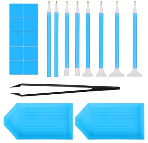 21uds Herramientas de Pintura de Diamante, Bolígrafos de Pintura de Diamante Arcilla Adhesiva Pinzas y Bandeja de plástico Suministros y Accesorios de Pintura de Diamante para Arte (Azul)