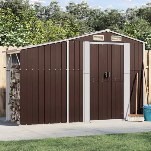 SECOLI Gerätehaus Metall mit bodenplatte - Gartenhaus Metall XXL - Geräteschuppen Outdoor - Gartenschrank Verzinkter Stahl - Braun - 277 x 93 x 179 cm