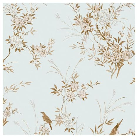 Graham & Brown Shabby Chic by Rachel Ashwell Bird Chinoiserie Blue Gold Floral Wallpaper | Paste The Wall | Blue Gold Floral | Eco-Friendly