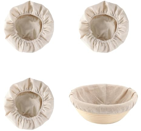 Quixotical 3 Pcs Bread Proofing Basket Cover, Round 10 Inch, Beige Cotton Linen Liner with Elastic Waistband for Baking