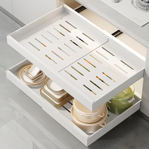 Wiseten Erweiterbare Ausziehbare Schublade für Küche - Schrankorganizer mit Kleber, Teleskopschublade (32-53cm einstellbare Breite) - Stick Slide Out Schublade für Küche, Pantry & Schrankorganisation