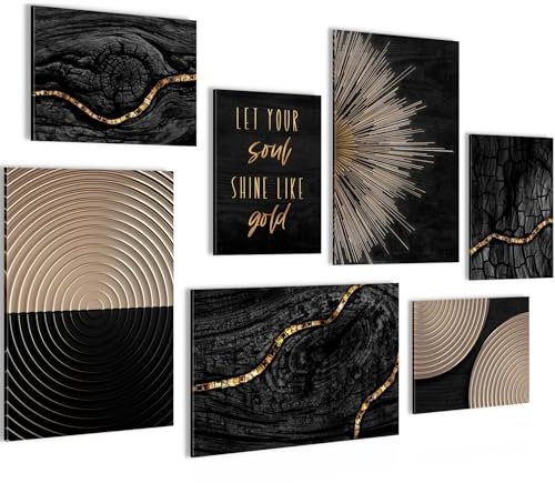 Novart Bilder Abstrakte Figuren - KOMPLETT AUFHÄNGFERTIG - Schwarz Gold Wohnzimmer Schlafzimmer Flur - 7 Moderne Mood-Bilder - N035272a