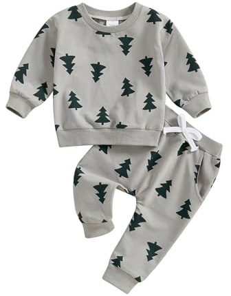 Dazzerake 2 Pezzi Completo Neonato di Natale Felpa Manica Lunga Stampata Albero Natalizio + Pantaloni Elastica Unisex per Bambini Tuta Natalizia Elegante