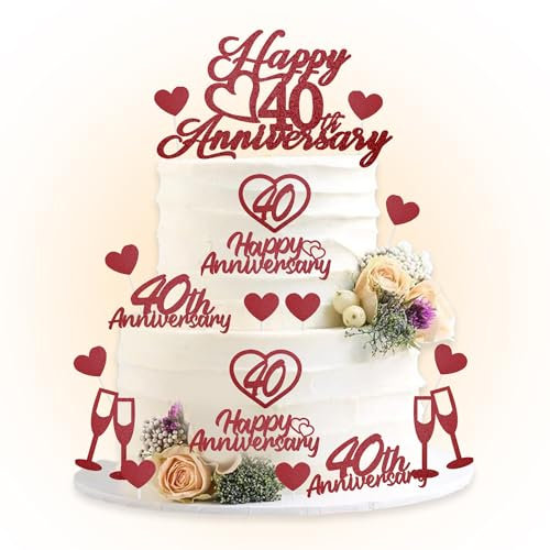 40th Anniversary Decorations Cake Topper - Glitter Ruby Wedding Anniversary Decoration Supplies Red Heart Cupcake Toppers Party Supplies for 40th Anniversary Celebrations