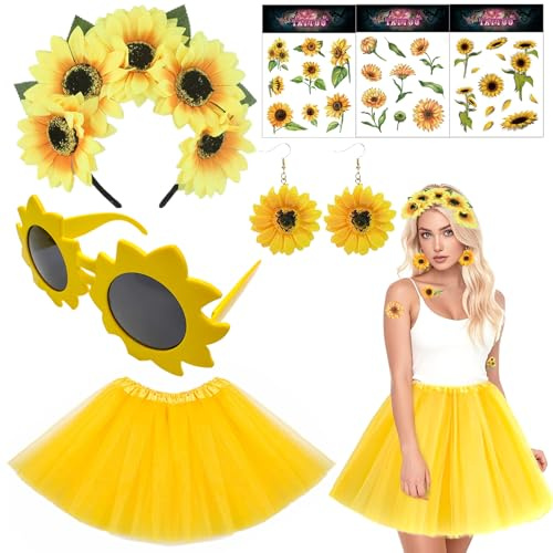 Auzlya Sonnenblumen Kostüm Damen,Tüllrock Gelb,Sonnenblumen Haarschmuck | Sonnenbrille,Sonnenblumen Ohrringe,Tattoo Aufkleber,Karneval Kostüm Damen,Sonnenblumen Deko für Fasching Motto Partys
