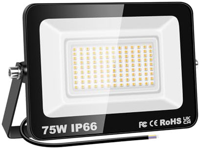 YOJZMA Projecteur LED d'extérieur 75W, 7500lm, lumière du jour 4000K, blanc chaud, IP66, étanche, éclairage de sécurité pour jardin, garage, cour, terrain de sport, patio, porche d'allée