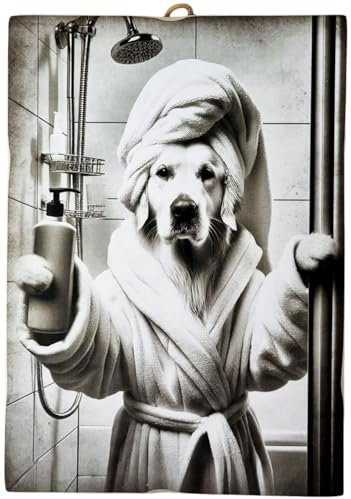 KUSTOM ART Quadro Serie Animali Arredo Toilette Cane Golden Retriever in Accappatoio Stampa su Legno 25x18cm