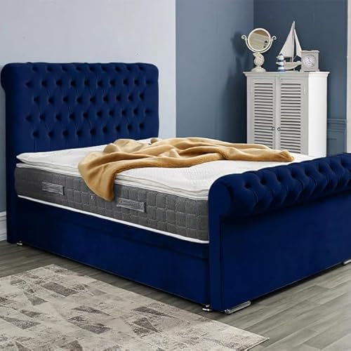 6FT Super King Chesterfield Sleigh Bed Frame With Mattress And Headboard Upholstered In Plush Velvet Blue Bed Wooden Slats- No Storage (Blue, 6FT Super King Frame WIth Mattress)