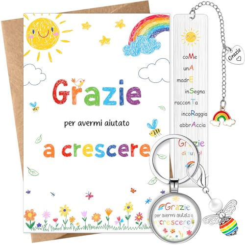 Clabby 4 Stück Geschenkset zur Anerkennung von Lehrern Enthalten Dankeskarte auf Italienisch Schlüsselanhänger mit Anhänger Lesezeichen aus Edelstahl Umschlag Lehrer-Geschenk zum Jahresende