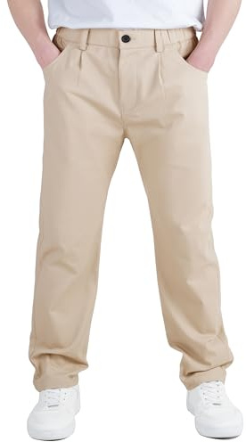 CAMLAKEE Boys School Trousers Kids Chino Pants Straight Uniform Pull on Soft Bottoms Elastic Waist with Zip and Button Closure Light Khaki UK 10-11 Years Label Size 150