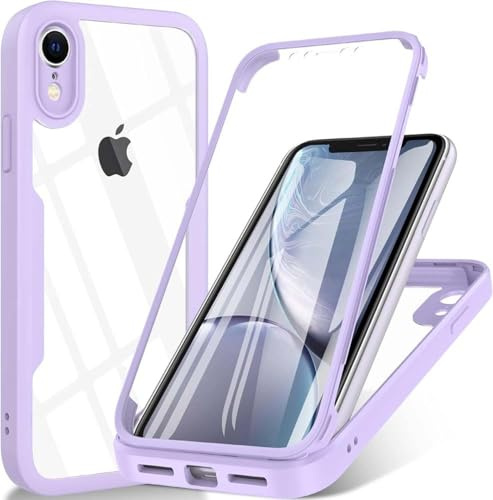 JYNCHDZ for iPhone XR Case Built-in Screen Protector Shockproof TPU Bumper Clear Hard PC Shell 360 Full Body Protection Slim Fit Transparent Rubber Case for iPhone XR, Purple