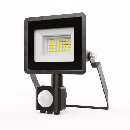 HOFTRONIC Stratos LED Fluter mit Bewegungsmelder & Dämmerungsschalter 20W – 1620 Lumen – 4000K Neutralweiß – IP65 – Außenstrahler mit PIR-Sensor für Garage, Einfahrt, Garten & Terrasse - Schwarz